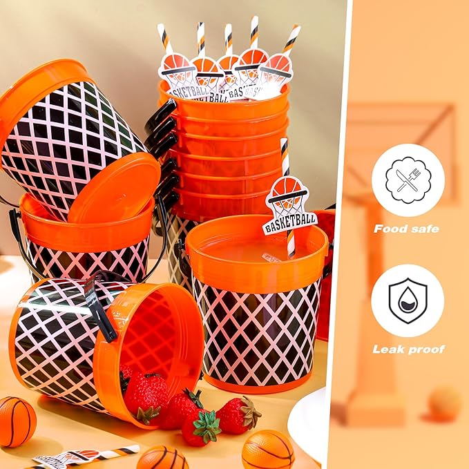 12 Pcs 32oz Basketball Party Favors Rum Buckets Plastic Basketball Cocktail Buckets for Drinks Plastic Ice Pail Bulk with Handle and Straw Reusable Punch Bowls for Drinkware Beer Beverage