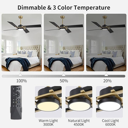 WINGBO 56 Inch DC Ceiling Fan with Lights and Remote, 4 Plywood Blades, 6-Speed Reversible DC Motor, Dimmable, 3CCT, Farmhouse Ceiling Fan for Bedroom Living Room Kitchen, Brass and Black