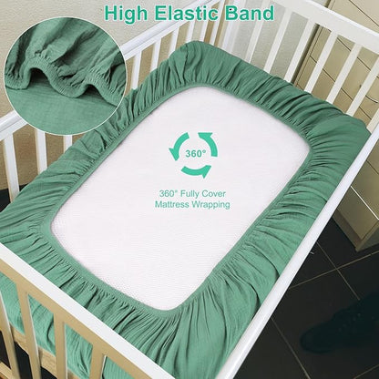 2 Pack Muslin Crib Sheets for Baby Girls & Boys-Neutral Breathable Crib Mattress Protector for Standard Crib Mattress (28"x 52") -Soft Crib Sheets Fitted-No Slip Toddler Cotton Bedding-Green & Grey