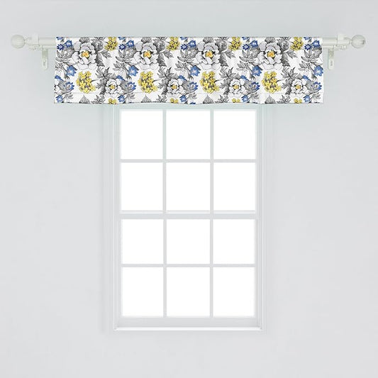 Ambesonne Garden Window Valance, Romantic Peony Hydrangea and Blue Violet Blossoms in Sketch Art Style, Curtain Valance for Kitchen Bedroom Decor with Rod Pocket, 42" x 12", Dark Grey Yellow