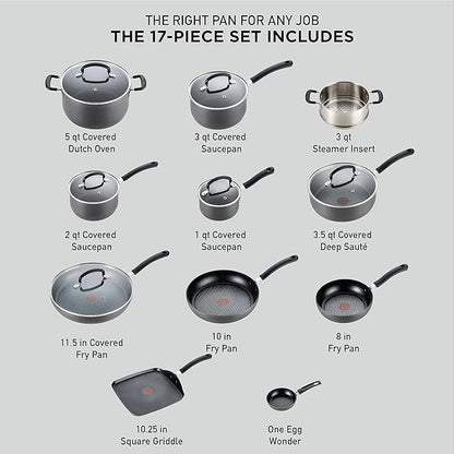 T-fal Ultimate Hard Anodized Nonstick Cookware Set 17 Piece, Oven Broiler Safe 400F, Lid Safe 350F, Kitchen Cooking Set w/ Fry Pans, Saucepans, Saute Pan, Griddle, Pots and Pans, Dishwasher Safe Black