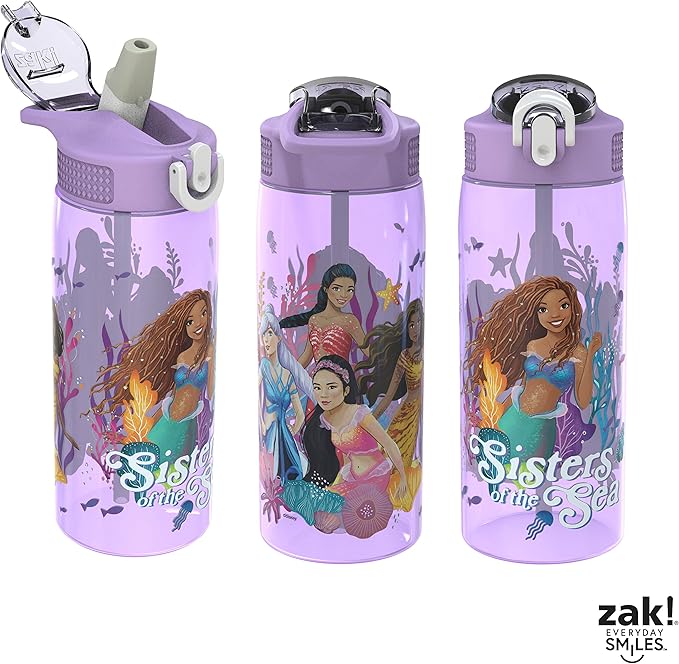 Zak Designs Disney The Little Mermaid 2023 Kids Water Bottle For School or Travel, 25oz Durable Plastic, with Pop-Up Antimicrobial Spout and Cover, Handle, and Leak-Proof (Ariel, Sisters of the Sea)