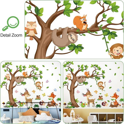 AM AMAONM Removable Jungle Animals Fox Deer Elephant Birds Lion Wall Decals DIY Tree and Leaves Wall Sticker Peel and Stick Home Wall Art Decor for Kids Baby Boys Nursery Bedroom Classroom (39153)