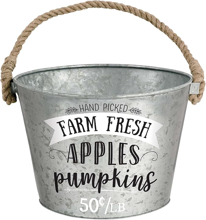 Rustic Fall Medium Galvanized Metal Bucket (7" x 10") - Pack of 1 - Vintage Home Decor Accent - Ideal Seasonal Display & Storage