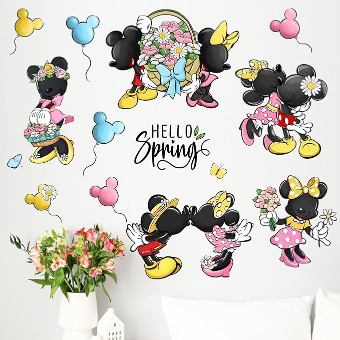 Mfault Hello Spring Cartoon Mouse Wall Decals Stickers, Daisy Flower Basket Balloon Decorations Bedroom Art, Butterfly Polka Dot Seasonal Home Kitchen Decor Party Supplies