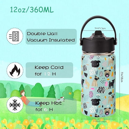 12oz Kids Insulated Water Bottle with Flip Straw & Big Handle, Cute Dog, Double Wall 18/8 Stainless Steel, Leakproof Gift for Kids Boys Girls to School Travel Sports, Hands Wash Only, Green