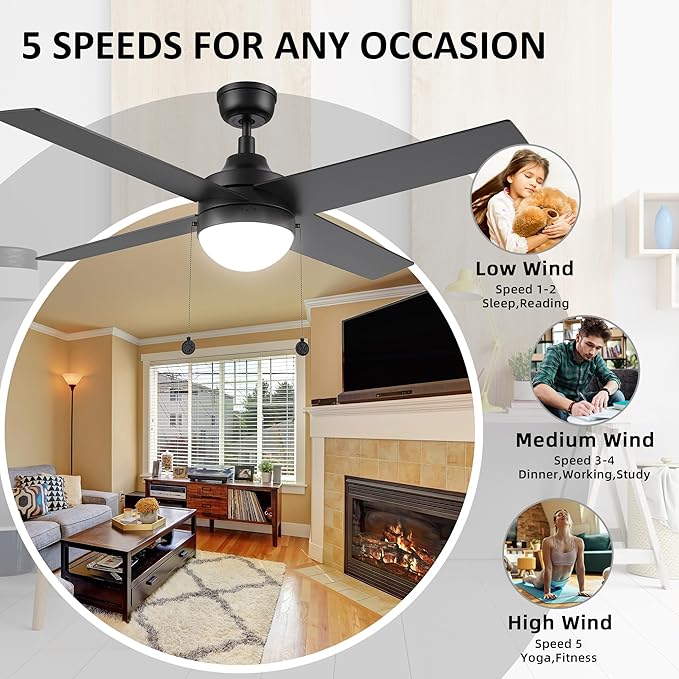 52 Inch Black Pull Chain Ceiling Fan with 2 in 1 Reversible Blade, 3-color LED Light, 5 Speeds Quiet Reversible DC Motor, 4 Plywood Blades Modern Ceiling Fan for Living Room, Bedroom, Kitchen