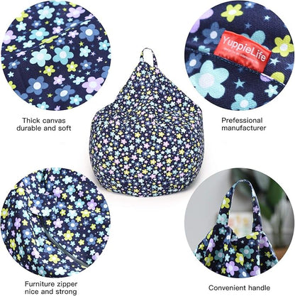 YuppieLife Kids Storage Bean Bag Cover（No Filling） Toy Organizer|Carrying Handle Sofa|Available for Kids and Teenager|Cuddle Chair|Machine Washable and Durable（38“,Blue Flowers）