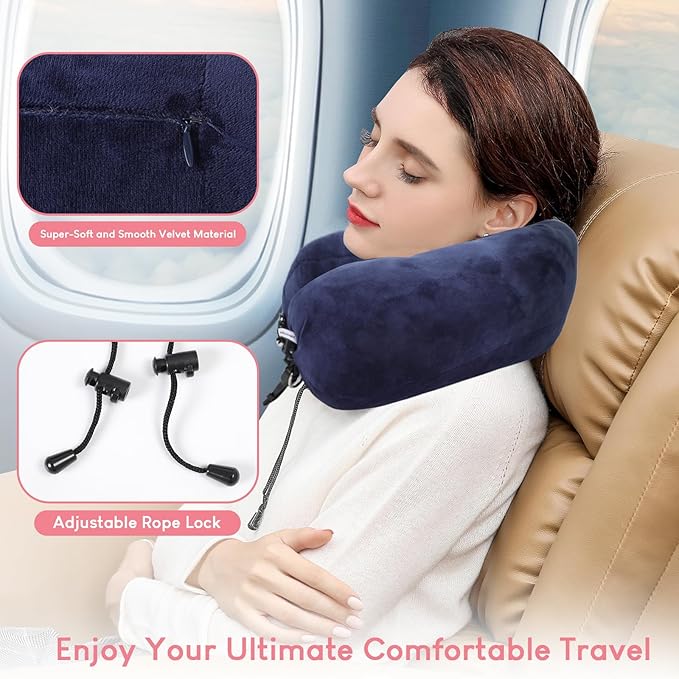 2 in 1 Stuffable Travel Neck Pillow for Extra Luggage & Airplane Footrest Set, Stuffable Neck Pillow for Travel, Airplane Foot Hammock, Fits 3+ Days of Airplane Travel Essentials (Blue)