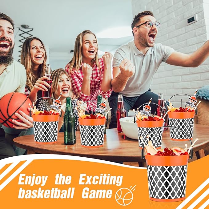 12 Pcs 32oz Basketball Party Favors Rum Buckets Plastic Basketball Cocktail Buckets for Drinks Plastic Ice Pail Bulk with Handle and Straw Reusable Punch Bowls for Drinkware Beer Beverage