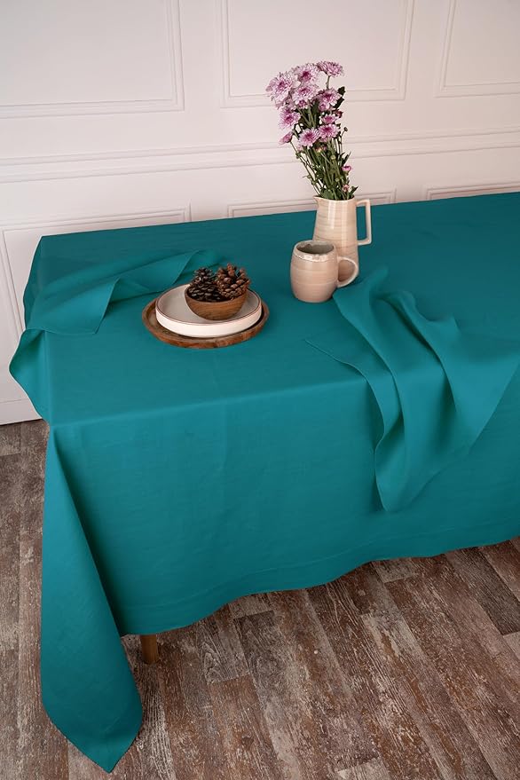 D'Moksha Homes Linen Tablecloth 60 x 156 Inch - 100% Pure Linen Teal Blue Tablecloth - Machine Washable Dining Tablecloth for Rectangle Tables