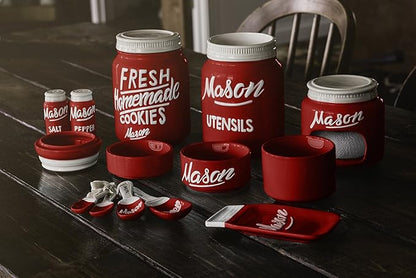 Mason Jar Kitchenware Set - Kitchen Accessories - Measuring Cups & Spoons, Spoon Rest, Condiment Shakers, Sponge Holder, Ceramic Jar, Utensil Crock - Kitchen Counter Decor Accessories Red 17 Pc