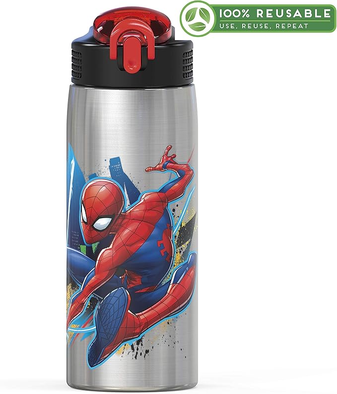 Zak Designs 27oz Marvel 18/8 Single Wall Stainless Steel Water Bottle with Flip-up Straw and Locking Spout Cover, Durable Cup for Sports or Travel (27oz, Spider-Man)