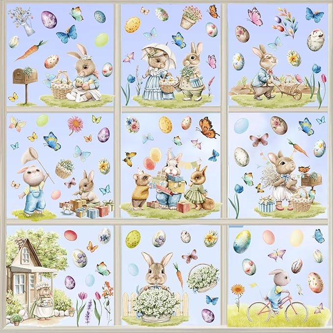 100 Pcs Easter Window Clings Easter Eggs Bunny Window Decorations Stickers for Glass Windows for Easter Window Decorations, 9 Sheets Bunny Decor for Kids Shcool Home (Family)