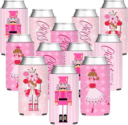 12 Pcs Pink Christmas Party Can Coolers - Funny Christmas Nutcrackers Slim Can Sleeve for Xmas Holiday Gathering Party Decorations Supplies