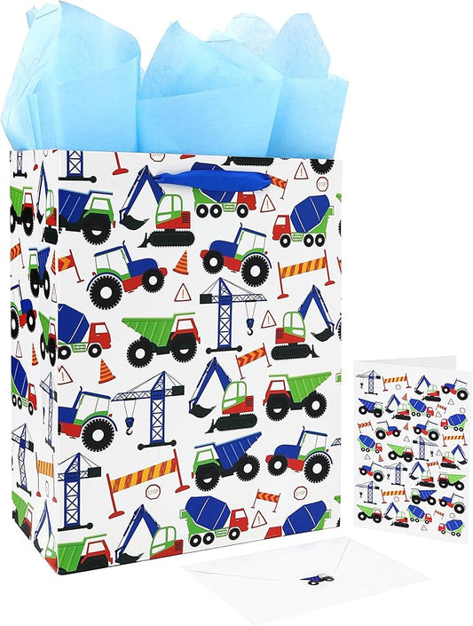 13" Large Vehicle-themed Gift Bags Set with Greeting Card and Tissue Paper (Blue Car Design) for boys, Kids Birthday Party,Baby boy,Baby Shower,Newborn,New Moms or Parents -10.2”x5.2”x13”, 1 Pcs