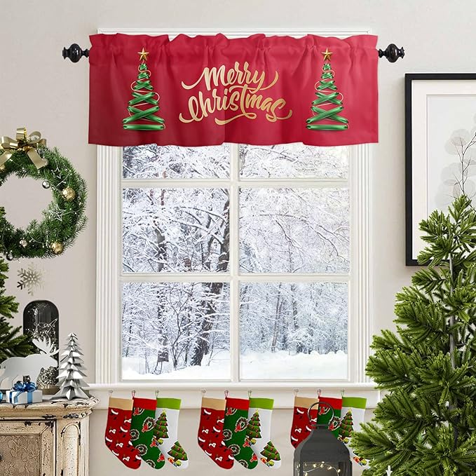 Vandarllin Merry Christmas Valance Kitchen Curtains for Windows, Christmas Tree Rod Pocket Valances Window Treatments Winter Holidays Short Curtains for Bedroom/Living Room, 54" X 18" -1 Panel