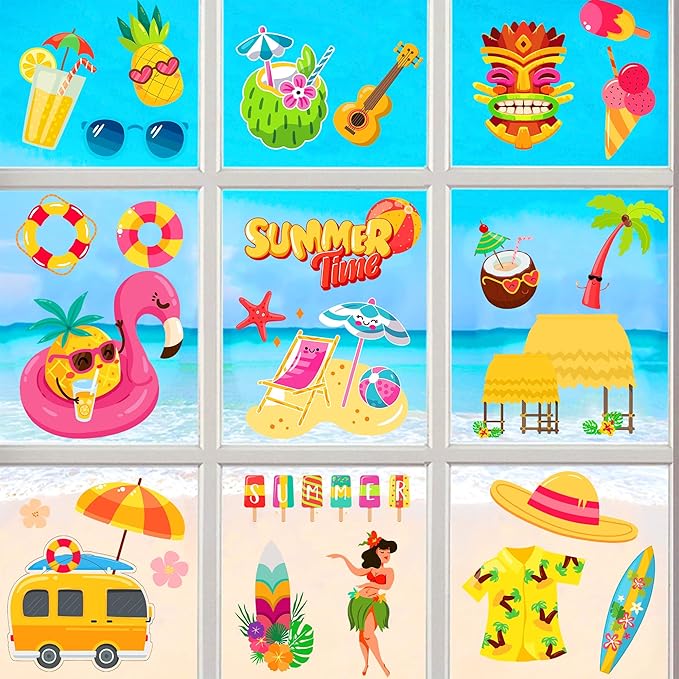 8 Sheets Summer Beach Window Clings Hawaiian Themed Static Window Stickers Refrigerator Glass Stickers Party Decorations Add Joy to The Season and Home Decoration