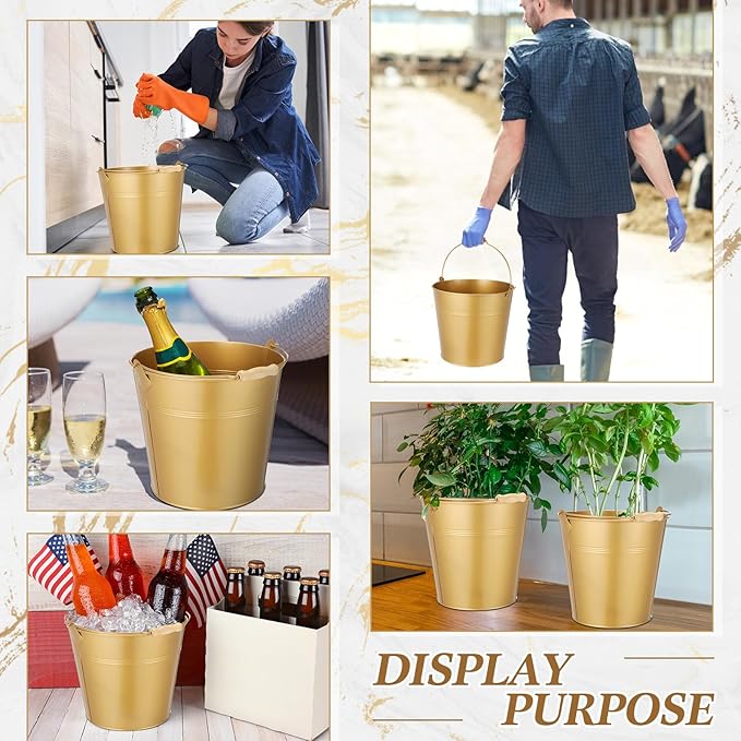 12 Pcs Large Galvanized Metal Buckets with Handle 10 Inch Heavy Duty Stainless Steel Pails Round Pail for Party Wedding, Crafts, Utensils, Table Centerpieces (Gold)