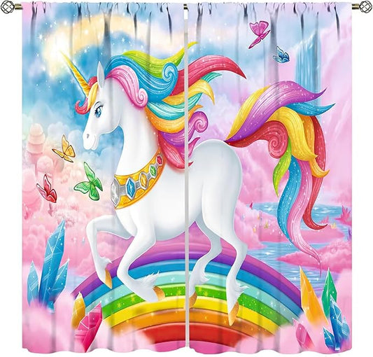 Unicorn Curtains Pink Kids Cartoon Room Darkening Decor Curtains Boys Girls Baby Room Decor Curtains Living Room Kitchen Decor 52x84 Inch 2 Panels