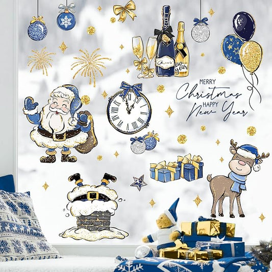 Yovkky 165 PCS Merry Christmas Happy New Year 2025 Window Clings 9 Sheets, Blue Santa Claus Elk Clock Stickers Decals Decor, Balloon Fireworks Winter Holiday Gifts Home Kitchen Decorations