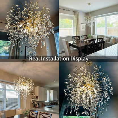 24 inch Crystal Chandelier for Dining Room, Round Gold Tree Branches Chandeliers, Top K9 Crystal Chandelier, Modern Chandeliers for Kitchen,Foyer Entryway,Luxury Adjustable Hanging Chandelier