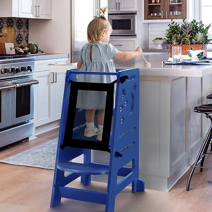 TOETOL Bamboo Learning Standing Helper Tower with Keeper - Navyblue Toddler Kitchen Counter Step Stool, 3-Height Adjustable Helper with Message Boards