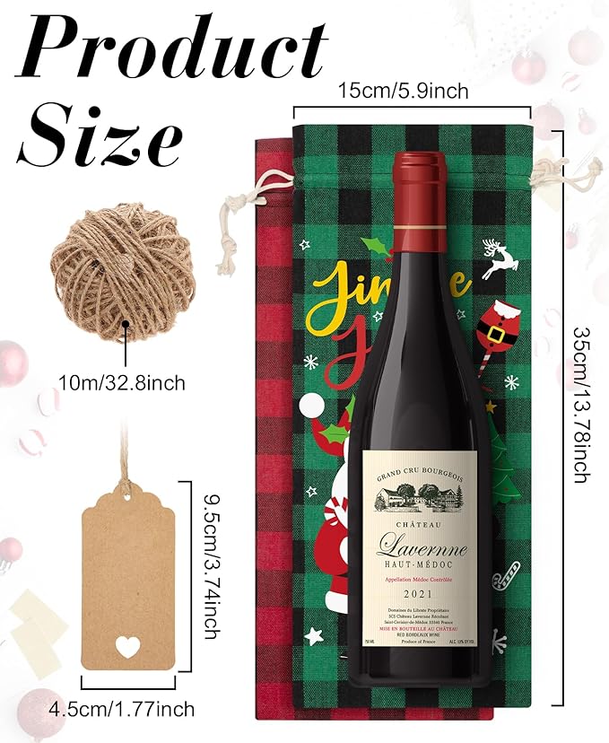 12Pcs Burlap Wine Bags Christmas Wine Gift Bags for Wine Bottles Gifts, Buffalo Plaid Christmas Wine Bottle Bags with Drawstring, Holiday Wine Bottle Covers for Christmas New Year Holiday Party Decor