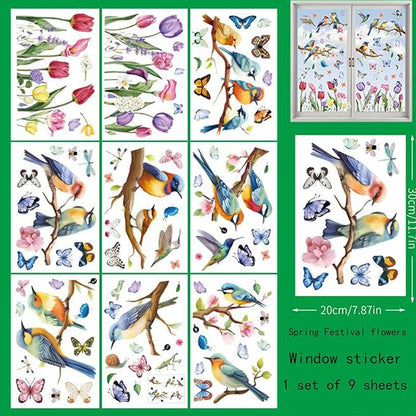 9PCS Summer Window Stickers, Spring Flower Bird Butterfly Tree Branches Glass Window Cling Stickers Cartoon Decoration Stickers for Living Room Office Home Party Supplies Shop