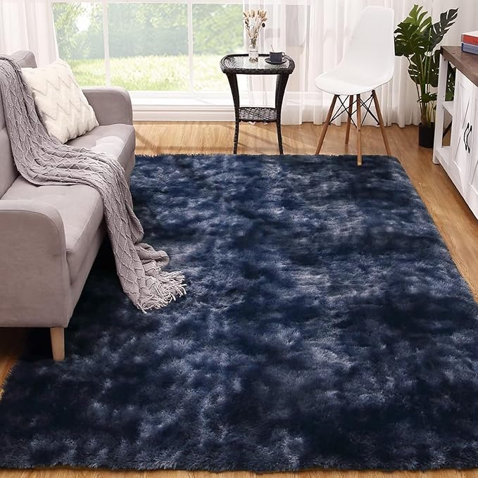 Shaggy Area Rugs 6x9 for Living Room Soft Fluffy Faux Fur Carpet for Bedroom Indoor Modern Plush Home Decor Floor Cover for Nursery Kids Room Non Slip Non Shedding Throw Rug, Tie Dye Navy