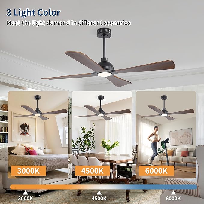 WINGBO 56 Inch DC Ceiling Fan with Lights and Remote, 4 Solid Wood Blades, 3CCT, 6-Speeds Reversible DC Motor, Modern Ceiling Fan for Bedroom Living Room Kitchen, Black and Walnut