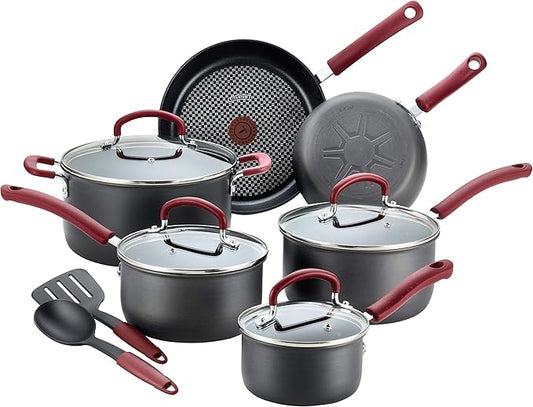 T-fal Ultimate Hard Anodized Nonstick Cookware Set 12 Piece, Oven Broiler Safe 600F, Kitchen Cooking Set w/ Fry Pans, Saucepans, Dutch Oven, Kitchen Utensils, Pots and Pans, Dishwasher Safe, Black