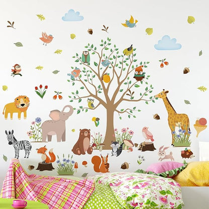 AM AMAONM Removable Jungle Animals Fox Deer Elephant Birds Lion Wall Decals DIY Tree and Leaves Wall Sticker Peel and Stick Home Wall Art Decor for Kids Baby Boys Nursery Bedroom Classroom (39143)