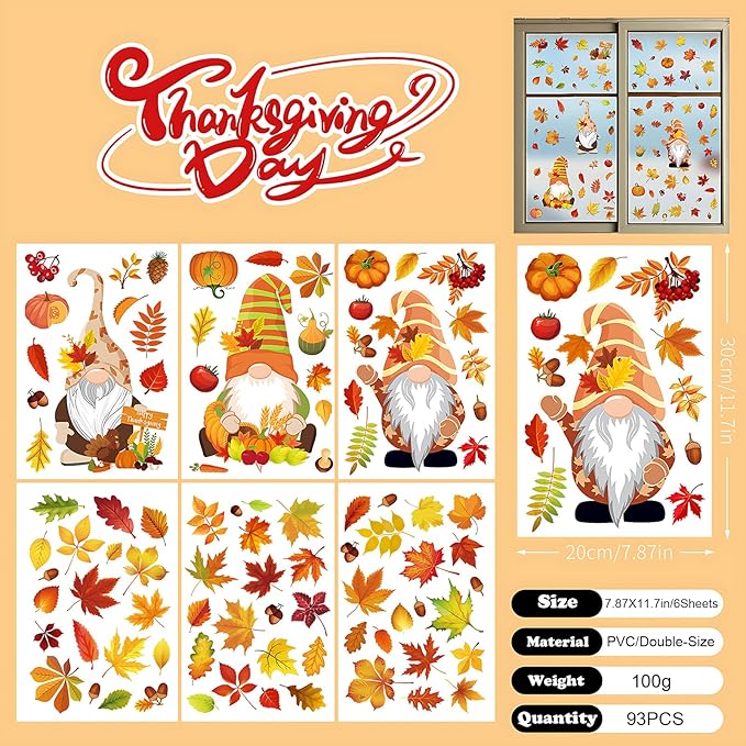 6 Sheets Fall Window clings for Home Windows Maple Leaf Window Stickers Thanksgiving Gnomes Window Decoration Autumn Window Decals for Home Office Classroom Party(Style A)