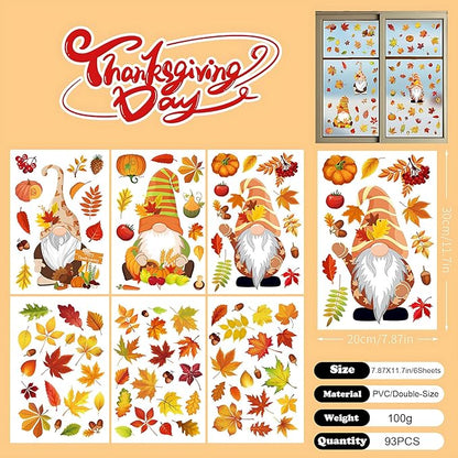 6 Sheets Fall Window clings for Home Windows Maple Leaf Window Stickers Thanksgiving Gnomes Window Decoration Autumn Window Decals for Home Office Classroom Party(Style A)