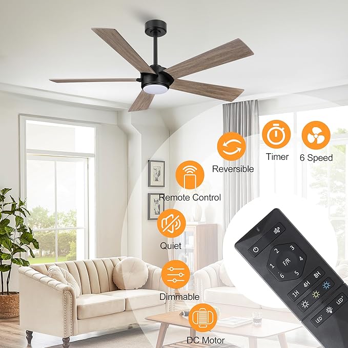 54" Ceiling Fan with Light and Remote Control, Modern Dimmable LED Light, 6-Speed Noiseless Reversible DC Motor, 5 Plywood Ceiling Fan for Kitchen Bedroom Living Room Black/Wood Color