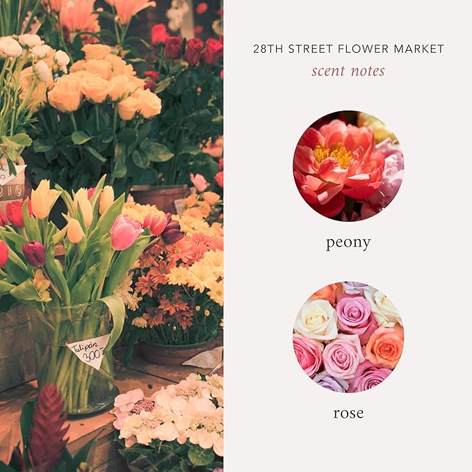 NYC Inspired Scented Candle: 28th Street Flower Market - Peony & Rose Scent, 9oz, 50 Hour Burn, Vegan Soy & Coconut Blend Candle for Home Decor, Gift for Women & Men