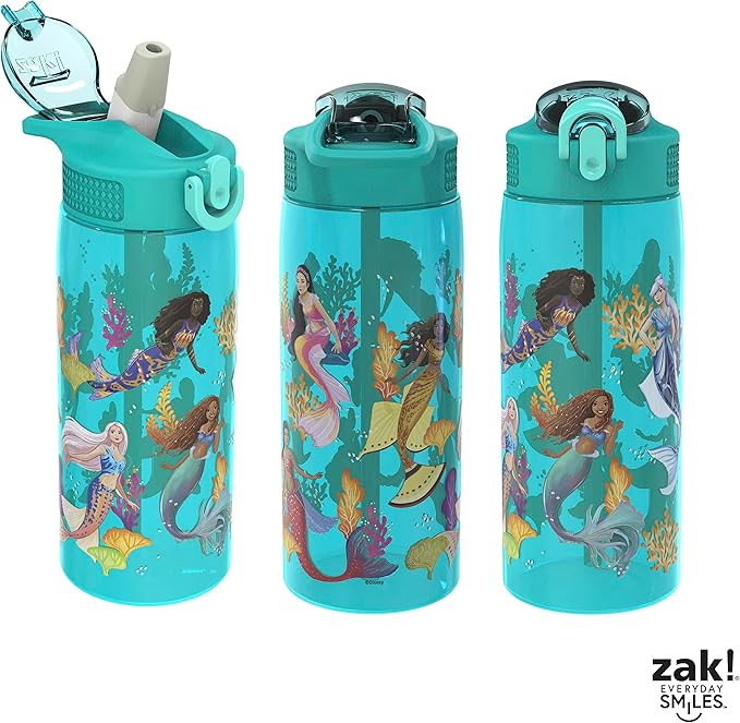 Zak Designs Disney The Little Mermaid 2023 Kids Water Bottle For School or Travel, 25oz, Durable Plastic, with Pop-Up Antimicrobial Spout and Cover, Handle, and Leak-Proof (Ariel and Sisters)