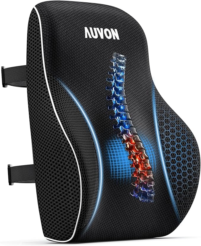 AUVON Lumbar Support Pillow for Office Chair with Patented Bulge for Lower Back Pain Relief, Ergonomic Lumbar Cushion Improves Posture, Memory Foam Back Cushion with Straps for Home, Office, Car Seat