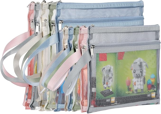 10 Pack Colored Double-Layer Mesh Zipper Pouch Bags(5Pcs A4+5Pcs A5), Nylon Building Block Sets Toy Storage & Organization, Breathable See Through Pouch with Handle for School Office Games