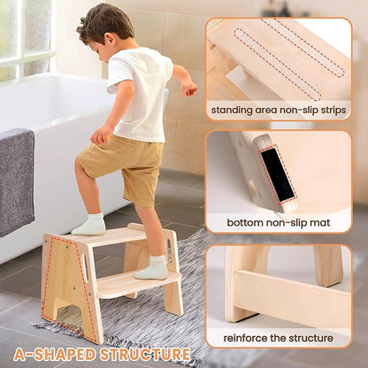 Toddler Step Stool, Wooden Height-Adjustable 2-Step Stool for Kids, Potty Training Stool with Handles for Bathroom Sink, Kitchen, Bedroom