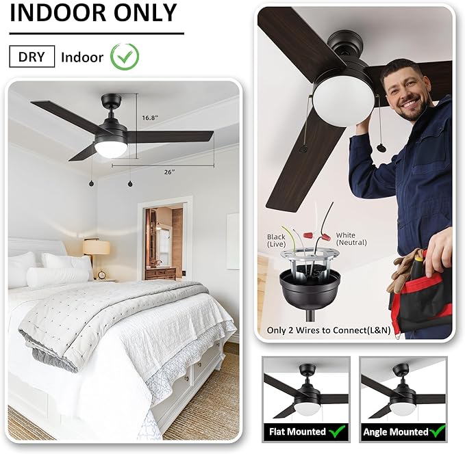 52 Inch Black Pull Chain Ceiling Fan with Reversible Blades, 3-color LED Light Adjustable, 5 Speeds Quiet Reversible DC Motor, 3 Plywood Blades Modern Ceiling Fan for Living Room, Bedroom, Kitchen