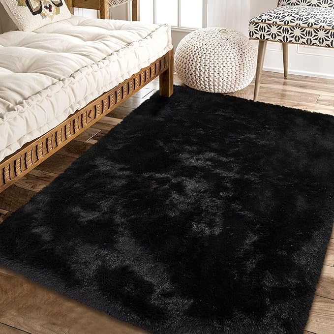 9x12 Extra Large Area Rugs for Living Room,Super Soft Fluffy Modern Bedroom Carpet Rug Indoor Modern Plush Shaggy Floorcover Fuzzy Solid Home Decor Rug Non Slip Throw Rug Kids Room Nursery,Black