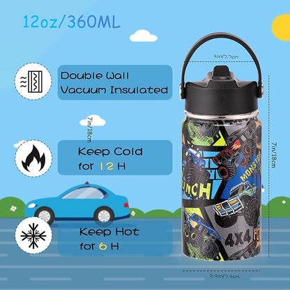 12oz Kids Insulated Water Bottle with Flip Straw & Big Handle, Monster Truck, Double Wall 18/8 Stainless Steel, Leakproof Gift for Kids Boys to School Travel Sports, Hands Wash Only, Black