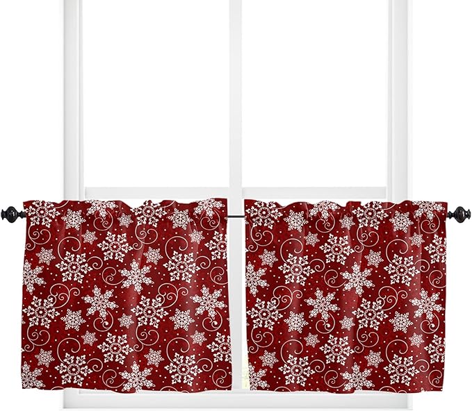 Vandarllin Christmas Kitchen Curtains and Valances Set, Red White Snowflakes Pattern Windows Treatments Tiers Half/Short Curtains for Small Windows Cafe/Living Room/Bedroom 54x36 in Winter