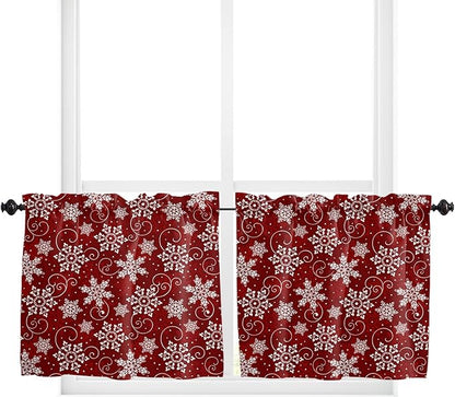 Vandarllin Christmas Kitchen Curtains and Valances Set, Red White Snowflakes Pattern Windows Treatments Tiers Half/Short Curtains for Small Windows Cafe/Living Room/Bedroom 54x24 in Winter