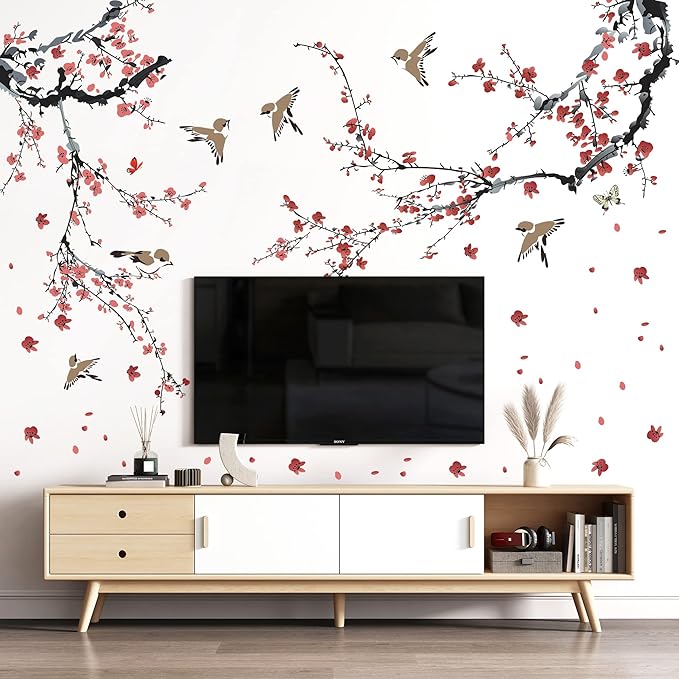 AM AMAONM Removable 3D Ink Style Black Tree Branches and Pink Red Flower Wall Decals Plum Blossom Flowers and Birds Wall Sticker Peel and Stick Wall Decor for Home Walls Living Room Kids Baby Bedroom Nursery Girls Wall Corner Decoration (A)