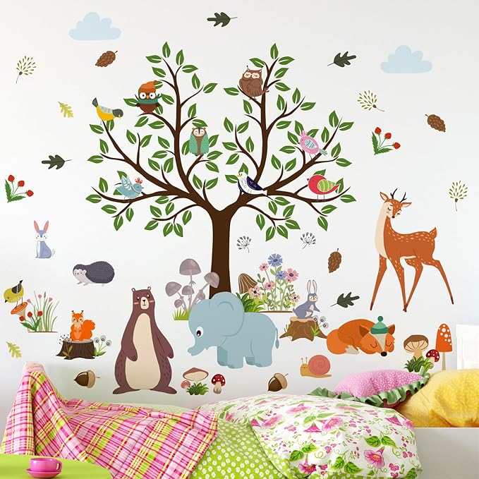 AM AMAONM Removable Jungle Animals Fox Deer Elephant Birds Lion Wall Decals DIY Tree and Leaves Wall Sticker Peel and Stick Home Wall Art Decor for Kids Baby Boys Nursery Bedroom Classroom (39144)