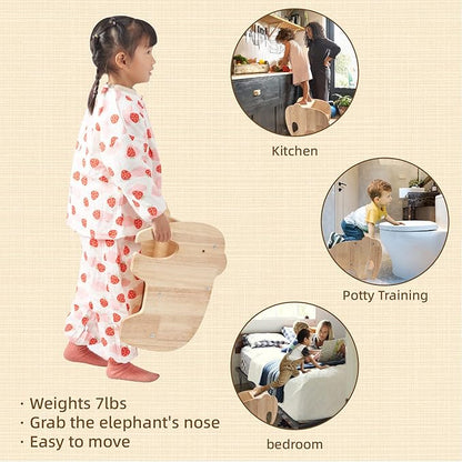 Wooden Step Stool for Kids, Toddler Step Stool of Elephant Shape Two Step Children's Stool for Bathroom Sink, Kitchen, Bedroom, Potty Training