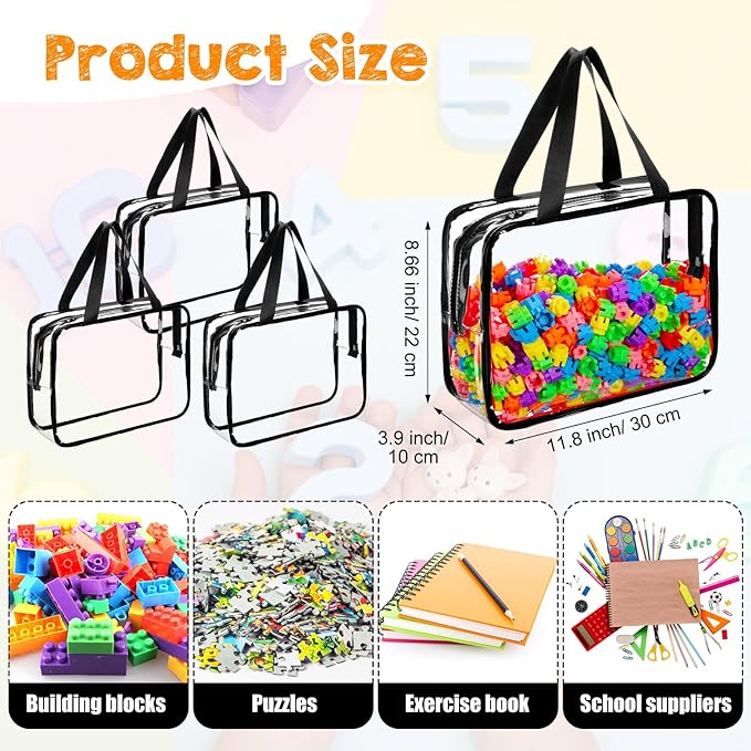 12 Pieces Large Toy Storage Bags with Zipper Clear PVC Organizing Bags Waterproof Zippered Toy Storage Organizer for Building Blocks Puzzle Stationery Kids Books Classroom(Black)